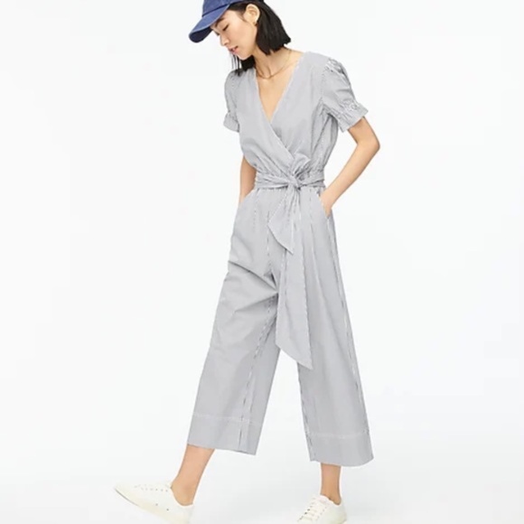 J. CREW Ruffle Stretch Stripe Cotton Poplin Jumpsuit, size 00 - Picture 1 of 14